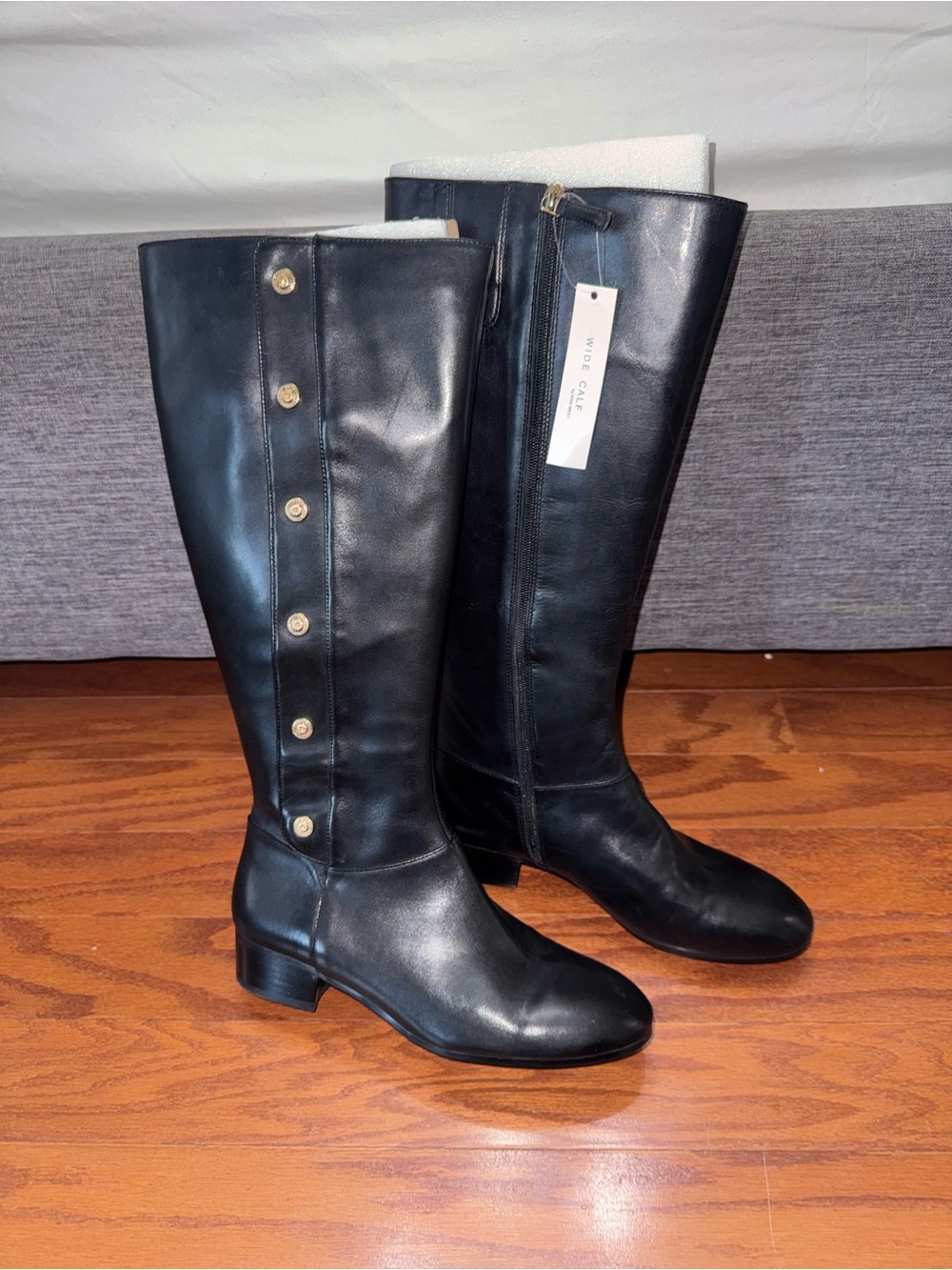 Nine West Black Leather Knee-High Riding Boots with Gold Buttons